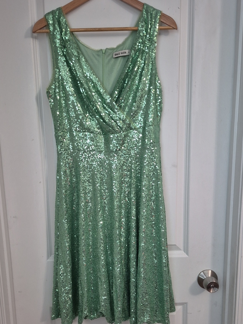 Grace Karin Sparkling Mint Green Sequin V-Neck Midi Dress